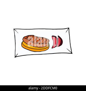 Foie gras de canard Vector dessiné à la main sur l'assiette. Plat de cuisine française. Design sketch élément pour menu café, bistrot, restaurant, étiquette et emballage. Illuminé coloré Illustration de Vecteur