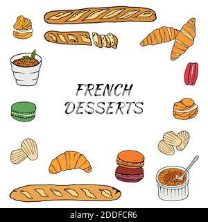 Vector tiré à la main de desserts français avec croissant, macaron, crème brûlée, madeleine, profiterole, baguette. Élément de dessin pour le menu café, Illustration de Vecteur