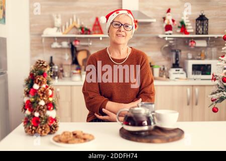 Bonne joyeuse femme âgée célébrant noël avec de délicieux biscuits. Grand-mère portant chapeau de père noël souriant dans la cuisine maison avec décoration de vacances d'hiver. Banque D'Images