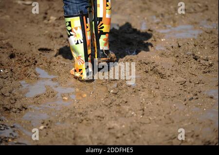Image de faible profondeur de champ (mise au point sélective) avec des bottes en caoutchouc colorées dans de la boue très humide et profonde. Banque D'Images
