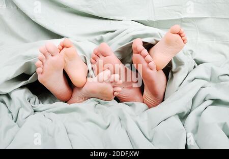 Bonne famille dans le lit sous le drap Banque D'Images