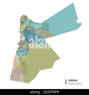 Jordan higt carte détaillée avec subdivisions. Carte administrative de Jordanie avec le nom des districts et des villes, coloré par les États et le district administratif Illustration de Vecteur