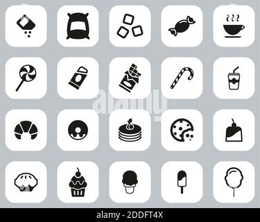 Sucre ou sucre aliments et boissons icônes Noir et blanc Ensemble de conception plate grand Illustration de Vecteur
