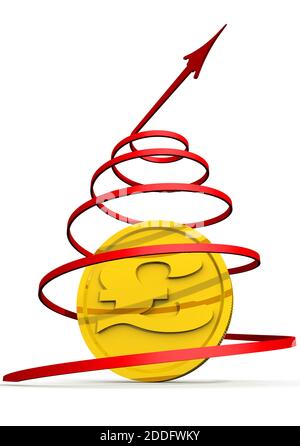 La flèche rouge se tord en hélice et une pièce de monnaie dorée avec le symbole de la livre sterling au centre de l'hélice. Graphique de croissance. Isolé. Illustration 3D Banque D'Images