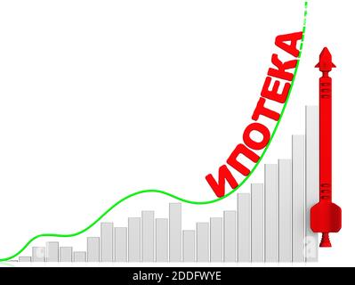 Augmentation du coût des prêts hypothécaires. Graphique de croissance rapide avec inscription HYPOTHÈQUE (langue russe) et roquette rouge conceptuelle. Isolé. Illustration 3D Banque D'Images