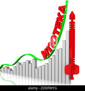 Augmentation du coût des prêts hypothécaires. Graphique de croissance rapide avec inscription HYPOTHÈQUE (langue russe) et roquette rouge conceptuelle. Isolé. Illustration 3D Banque D'Images