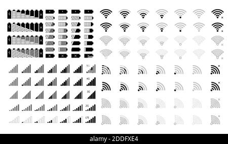 Signal du téléphone et icônes de batterie. L'icône supérieure de l'interface mobile est définie pour les signaux réseau et le niveau de charge du téléphone. Charge de la batterie, signal Wi-Fi a Illustration de Vecteur