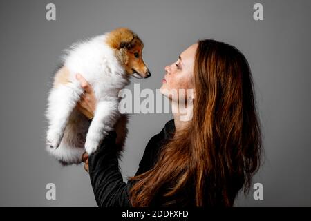 Amour entre le propriétaire et le chien. Fille et chiot sheltie Banque D'Images