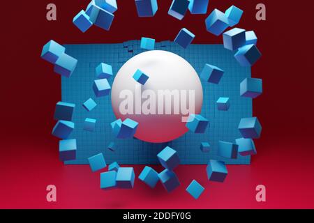 illustration 3d d'une grande boule blanche qui sort d'un mur de cubes bleus. Arrière-plan de la géométrie technologique. Balle volante et cubes Banque D'Images