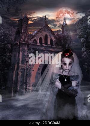 femme fantôme dans un voile de mariage contre le fond d'un vieux château la nuit. Banque D'Images