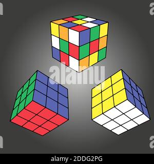 Le cube de Rubik dans différentes positions a été isolé de façon réaliste. Illustration isométrique éditoriale. Rubik's Cube est un puzzle 3D combiné, inventé en 1974 b. Illustration de Vecteur