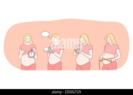 Grossesse, maternité, accouchement et concept de bébé. Jeune femme enceinte heureuse personnages de dessin animé mesurant le ventre, manger une nourriture saine Illustration de Vecteur