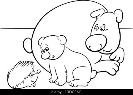 Dessin animé noir et blanc avec son petit ours mère et mignon hérisson comique animaux personnages coloriage page cuisinier Illustration de Vecteur