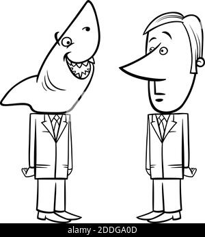 Dessin animé de concept noir et blanc de requin d'affaires et jeune homme d'affaires parlant coloriage page de cuisinier Illustration de Vecteur