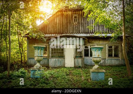 Ancienne maison en bois abandonnée dans la forêt Banque D'Images