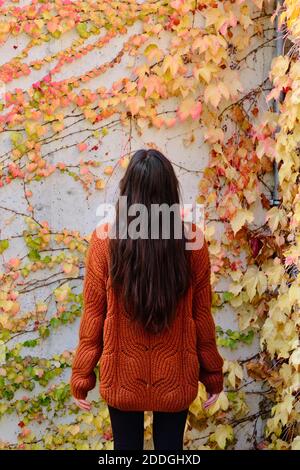 Vue arrière d'une brunette solitaire, longue et méconnue, rouge pull tricoté debout contre un mur en béton recouvert de lierre colorée plantes en automne Banque D'Images