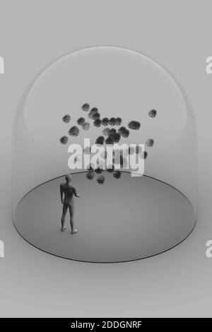 illustration 3d avec figure humaine abstraite à l'intérieur du verre transparent avec de nombreuses cellules virales Banque D'Images