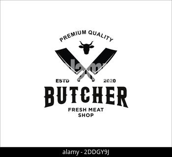 Logo vintage du boucher avec couteaux à viande et tête de taureau Banque D'Images