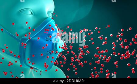 Homme avec masque de protection, Covid-19, coronavirus, protection personnelle. rendu 3d. Anatomie humaine. Comment vous protéger contre les virus. Système de protection Banque D'Images