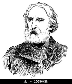 Portrait d'Ivan Sergueevitch Turgenev - romancier russe, auteur de nouvelles, poète, dramaturge, traducteur. Illustration du 19e siècle. Arrière-plan blanc. Banque D'Images