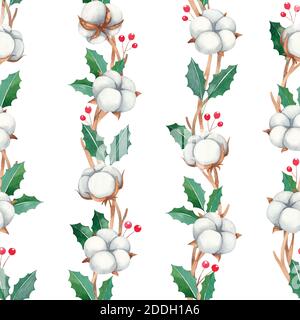 Motif de Noël aquarelle sans couture avec baies rouges, fleurs de coton sur fond blanc, aquarelle du nouvel an Banque D'Images