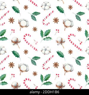 Motif de Noël aquarelle sans couture avec baies rouges, fleurs de coton, crochet de canne à sucre, anis, fleurs de coton, brindilles, baies rouges Banque D'Images