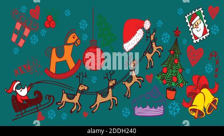 Drôle de dessin animé Santa, Cristmas arbre, elf, bonhomme de neige et biscuits font DAB déplacer, dansant style hip hop. Motif de Noël sans coutures. Illustration vectorielle Illustration de Vecteur