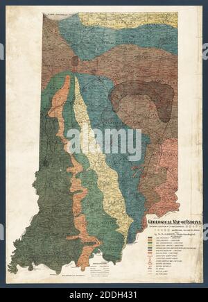 Ancien titre de la carte: 'Carte géologique de l'Indiana : montrant l'emplacement des carrières de pierre et des zones de gaz naturel et de pétrole.' Il s'agit d'une reproduction améliorée et restaurée d'une ancienne carte scientifique de l'Indiana datée de 1894. Banque D'Images