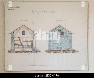 Autriche. Ce sont les plans-dessins originaux pour la cabane Breslauer 2844m dans les Alpes Oetztal au-dessus du village de vent comme il était en 1882 dans les montagnes du Tyrol autrichien. La cabane porte le nom de ce qui était la ville de Breslau, au nord-est de l'Allemagne. Après la Seconde Guerre mondiale, lorsque les frontières où se réalignaient Breslau ont été rebaptisés Wroklaw et sont maintenant en Pologne. La cabane est actuellement gérée par le club alpin allemand Sekttion Sitz de Stuttgart. La cabane est populaire comme une base pour grimper la montagne Wild Spitze 3768m la deuxième plus haute montagne en Autriche. Banque D'Images