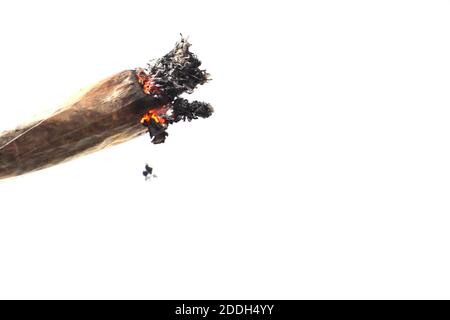 Cigarette allumée, isolée sur fond blanc. Fumer du cannabis joint. Usage médical. Photo de haute qualité Banque D'Images