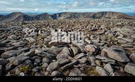 Vue sur le champ de rochers de granit qui fait partie du sommet de Ben MacDui, la 2ème plus haute montagne du Royaume-Uni, vers Braeriach Banque D'Images