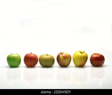 Les pommes : Granny Smith, Calville, Dame Rose, Grenade, Golden, et Royal Gala Banque D'Images