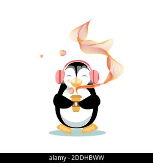 Le manchot de dessin animé tient une tasse de café fraîchement préparé Illustration de Vecteur