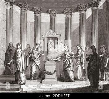 Vestal Virgins, dans la Rome antique, qui tend le feu sacré dans leur temple. Après une illustration du XIXe siècle par un artiste non identifié. Banque D'Images