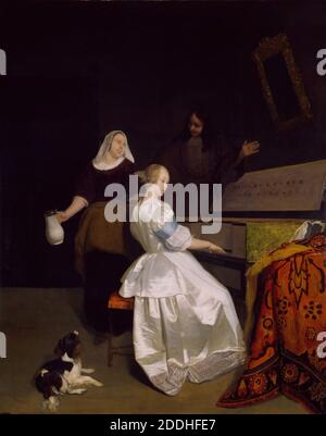 La leçon de musique, 1670-72 par Jacob Ochtervelt, peinture à l'huile, Néerlandais, musique, instrument musical, Piano, Jug, 17ème siècle, animal, chien, Espagnol, ancien Maître, Maître Banque D'Images