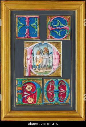 Décoration de la lettre initiale, Tobias et l'Ange, 1530 artiste inconnu, école nord italienne, Tempera et feuille d'or sur le vellum, manuscrit, écriture, cadre, Calligraphie, arts décoratifs, illuminé, Illustration, XVIe siècle, œuvres sur papier Banque D'Images