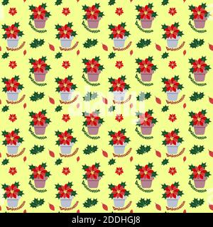 Motif sans couture avec poinsettia de Noël dans un pot de plantes sur fond jaune arrière-plan Illustration de Vecteur