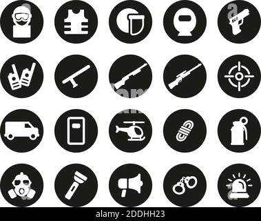 SWAT Team Icons White sur Black Flat Design Circle Set Grande Illustration de Vecteur