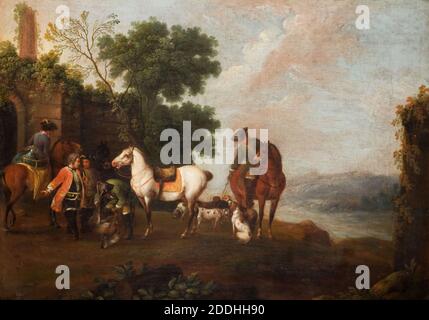 La chasse au cerf, 1760 par Wenzel Ignaz Brasch, peinture à l'huile, allemand, animal, chien, animal, cheval, ancien maître, chasse Banque D'Images