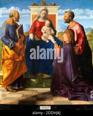 Madonna et l'enfant Enthroned avec les saints et le donneur, 1505 par Giovanni Bellini image montre la peinture post-restauration en 2008, religion, chrétienne, Vierge Marie, ancien Maître Banque D'Images