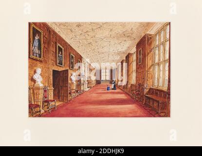 Aston Hall The long Gallery vers le sud, 1847 Katherine Muirhead, 19e siècle, aquarelle, cadre, œuvres sur papier Banque D'Images