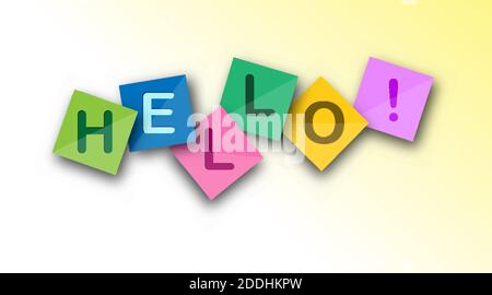 Bonjour. Discours de bienvenue sur des feuilles carrées de couleur. Bannière vectorielle pour un site Web, une application ou une présentation Illustration de Vecteur