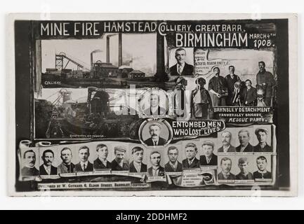 Carte postale, Mine Fire Hamstead Colliery, Great Barr, Birmingham, 1908 vues topographiques, Editeur: W Gothard, avec vues de la colliery, soirée de sauvetage et portraits de mineurs qui ont perdu la vie dans la catastrophe., Histoire sociale, documents imprimés, Histoire de Birmingham, carte postale, Histoire sociale, emploi, Manufacturiers, Mines de charbon Banque D'Images