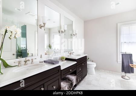 Une luxueuse salle de bains rénovée avec meuble-lavabo en bois sombre, des décorations sur les plans de travail en granit et un sol carrelé en marbre. Banque D'Images