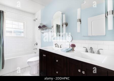 Salle de bains luxueuse avec meuble-lavabo en bois sombre, comptoir en granit blanc et murs bleus. Banque D'Images