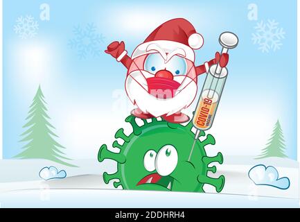 le personnage du père noël lutte avec le vaccin contre le virus corona covid-19 sur fond de noël Illustration de Vecteur