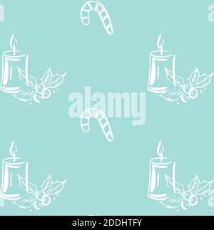Motif de noël vectoriel sans couture avec bougies, canne à sucre, GUI sur fond de couleur menthe. Arrière-plan de la nourriture de Noël Banque D'Images