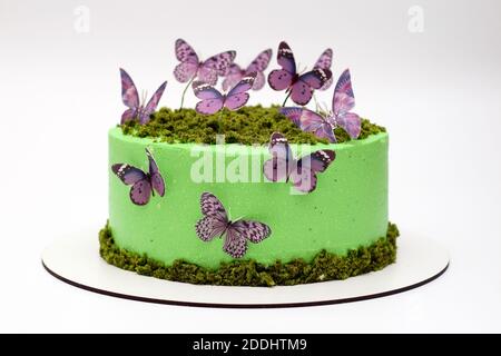 Magnifique gâteau vert savoureux avec papillons sur fond blanc Banque D'Images