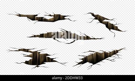 Fissures au sol, fractures à la surface du sol, bris du tremblement de terre en vue en perspective. Vecteur ensemble réaliste de fissure dans le sol, crevasses de catastrophe ou de sécheresse isolées sur fond transparent Illustration de Vecteur