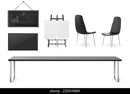 Mobilier et matériel de salle de réunion, salle de conférence pour les réunions d'affaires, formation et présentation, table intérieure de bureau d'entreprise, chaises, écran et tableau isolés sur fond blanc, ensemble vectoriel 3d Illustration de Vecteur